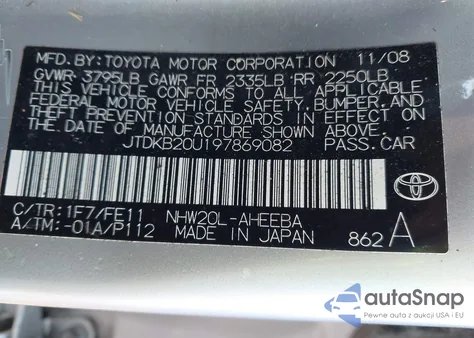 2009 Toyota Prius from USA, damaged, VIN JTDKB20U197869082